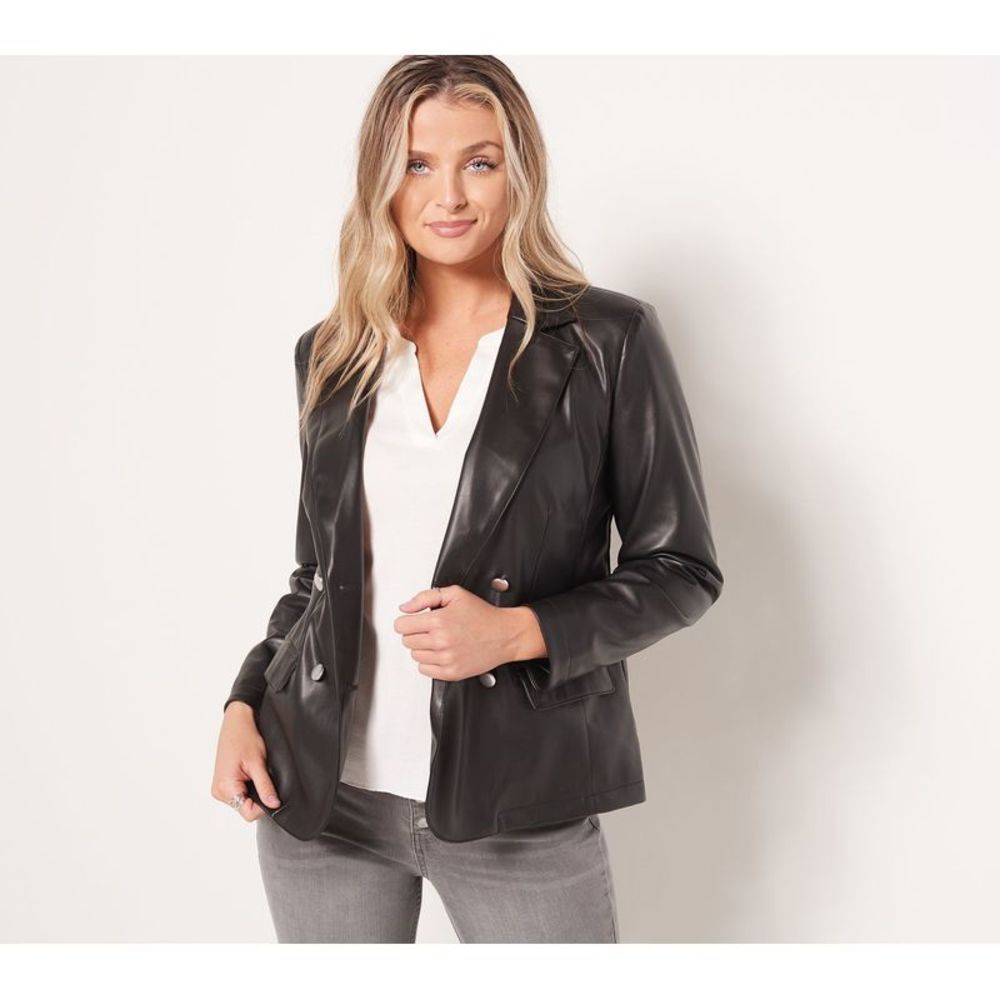 QVC Candace Cameron Bure Women's Petite PM Faux Leather Blazer Black A464189